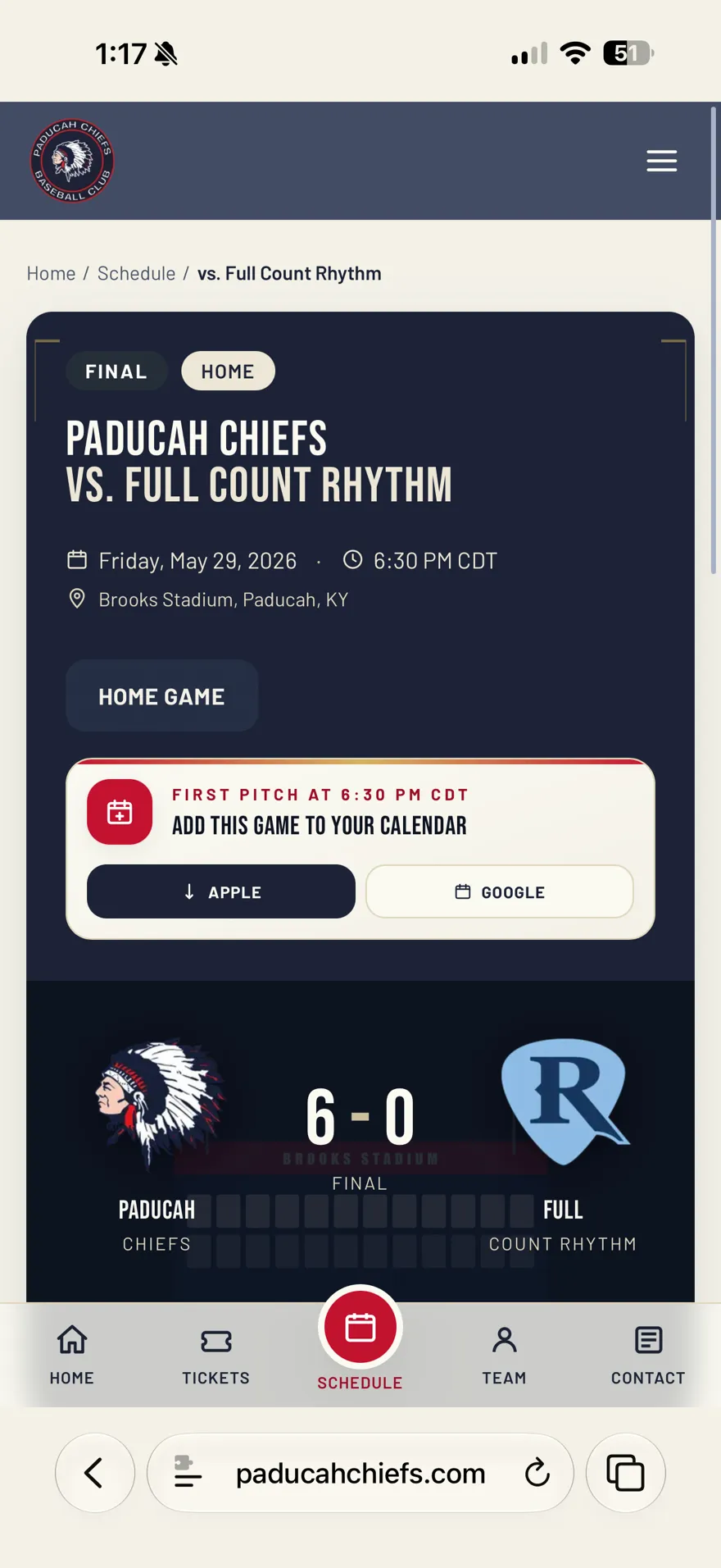 A Paducah Chiefs game detail page on a phone