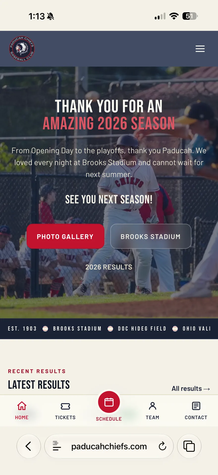 The Paducah Chiefs homepage on a phone