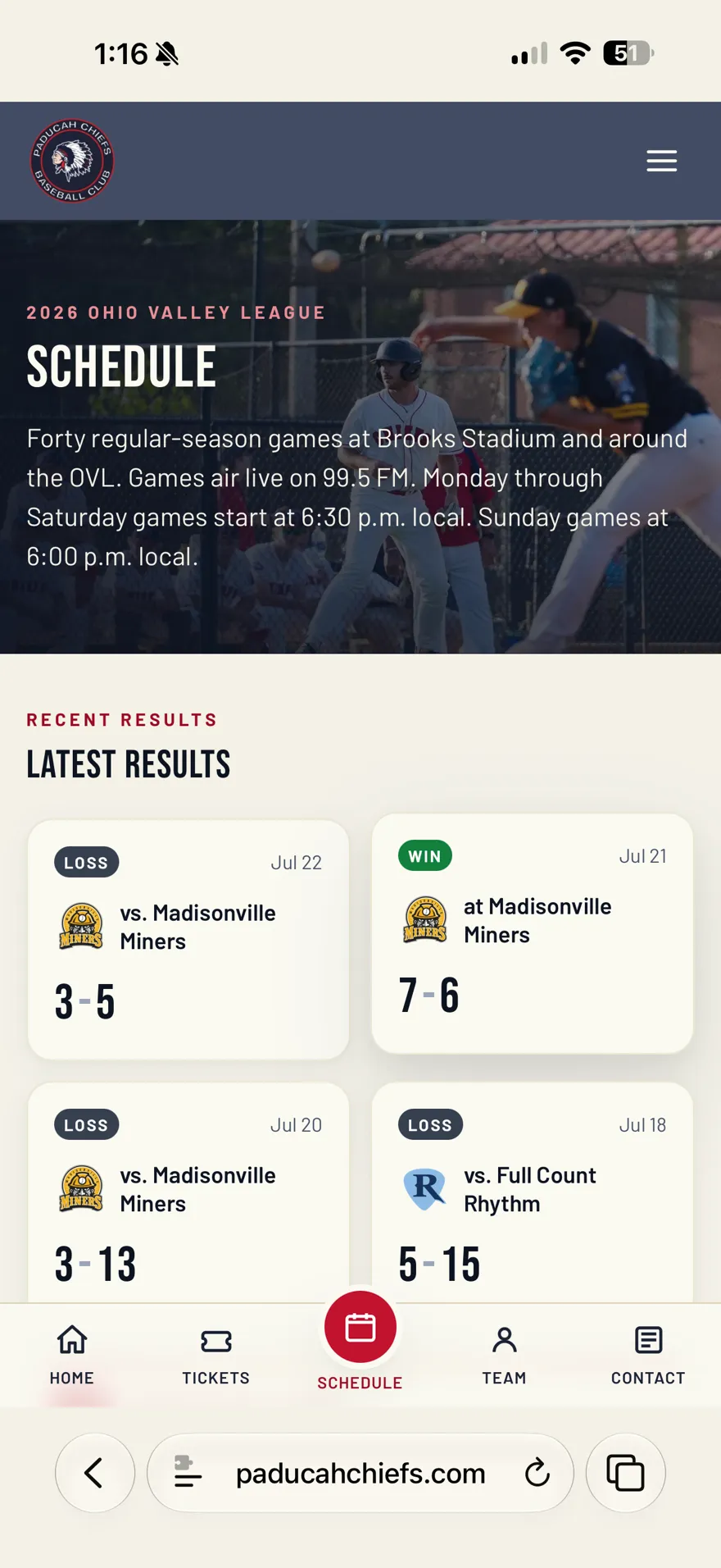 The Paducah Chiefs schedule and recent results on a phone