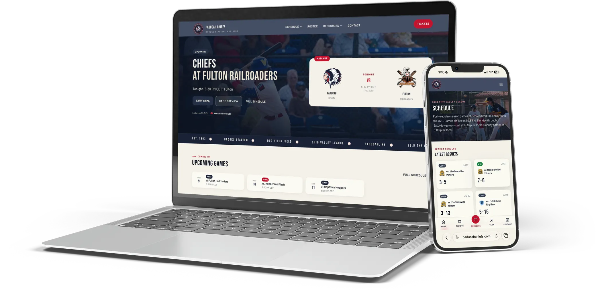 The Paducah Chiefs website on a laptop screen, showing the next game and the schedule. The Paducah Chiefs schedule and recent results on a phone.